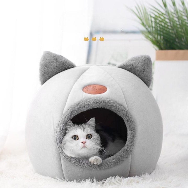 Geschlossenes rundes Haustiernest aus Plüsch, süßes und bequemes, warmes Katzennest und Hundenest für den Winter M（33*33*33cm