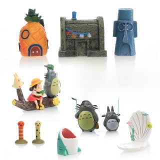 Komplettset mit PVC-Aquarium-Ornamenten: Mini-Ananashaus, Krabbenrestaurant, Oktopushaus, Seeaal, Chinchilla, Hai Striped mor