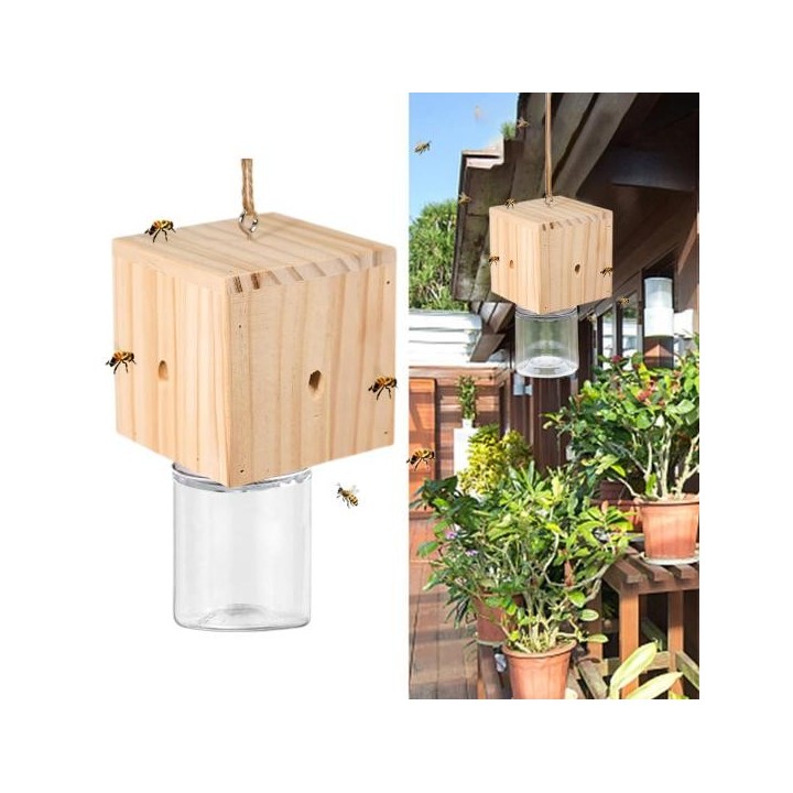 Holz-Zimmermann-Bienenfalle mit durchsichtiger Plastikflasche für den Außenbereich, natürliche Holz-Bohrbienenfalle, wetterfe