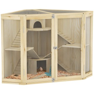 Hamsterkäfig aus Holz, Kleintierstall mit 4 Ebenen, Fütterungsstation, Wippe