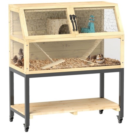 Zwerghamsterkäfig aus Holz, 87 x 43 x 101 cm Nagerkäfig mit Ablagefläche Natur