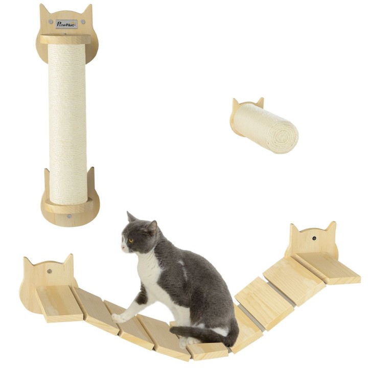 Katzen Kletterwand Set, 3-teilig Katzenmöbel mit Kratzbaum, Trittplatte, Leiter
