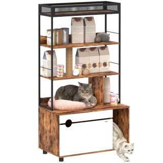 2-in-1 Katzenklo Schrank, Katzenklo mit 3-Ebenen-Regal Katzenhaus Braun