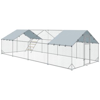Hühnerstall Freilaufgehege aus Stahl, 300 x 800 x 195 cm für 24-30 Hühner Silber