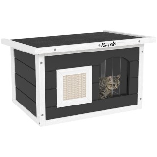 Katzenhaus Outdoor Katzenhöhle aus Holz, mit Kratzmatte, Türklappe, Grau