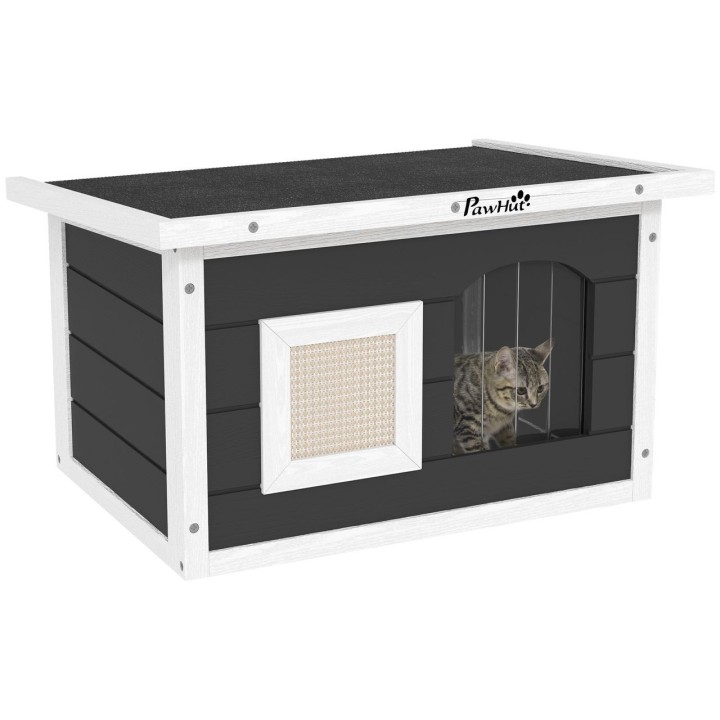Katzenhaus Outdoor Katzenhöhle aus Holz, mit Kratzmatte, Türklappe, Grau