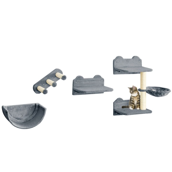 PawHut Katzen Kletterwand 4 tlg. mit Kaztentreppe Hängematte, Sprungplatt