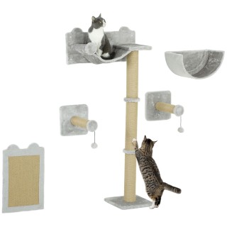 PawHut Katzen Kletterwand 5 tlg. mit Kratzpfosten Hängematte, Sprungplatt