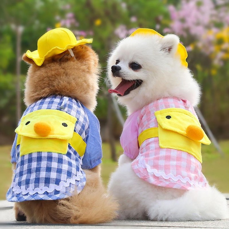 Haustier Hund Kindergarten Kleidung Welpe süße gelbe Ente kariertes T-Shirt mit Hut Teddy Bichon Pomeranian kleine Hund Katze