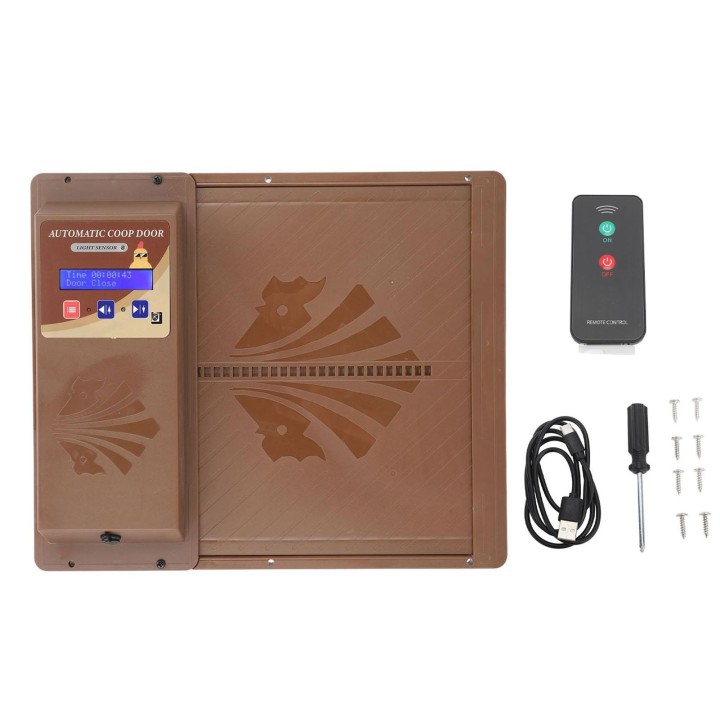 Automatischer Hühnerstalltüröffner mit USB-Anschluss, 3-in-1-Lichtsensor, Fernbedienung und Zeitsteuerung braun