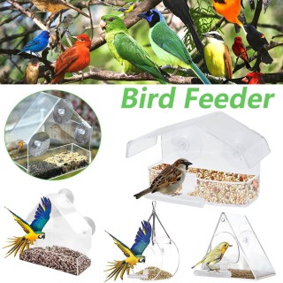 Vogelfutterspender mit Saugnapf und Ständer, zum Aufhängen, transparenter Acryl-Haus-Futterkäfig für Zuhause, Fenster, Glas,