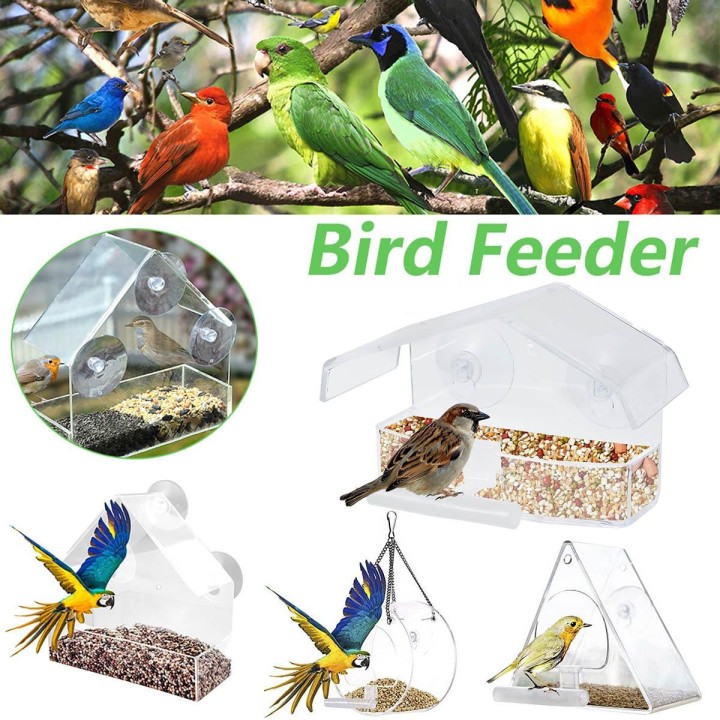 Vogelfutterspender mit Saugnapf und Ständer, zum Aufhängen, transparenter Acryl-Haus-Futterkäfig für Zuhause, Fenster, Glas,