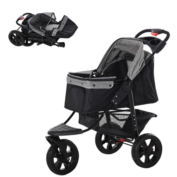 Hundewagen Hundebuggy Katzen Pet Stroller mit 3 Rädern klappbar Grau