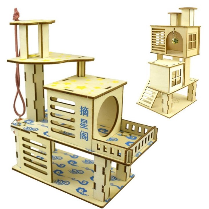 Hamster-Versteck aus Holz, kleine Tiere, mehrstöckige Villa, Kletter-Dekoration, Spielzeug E