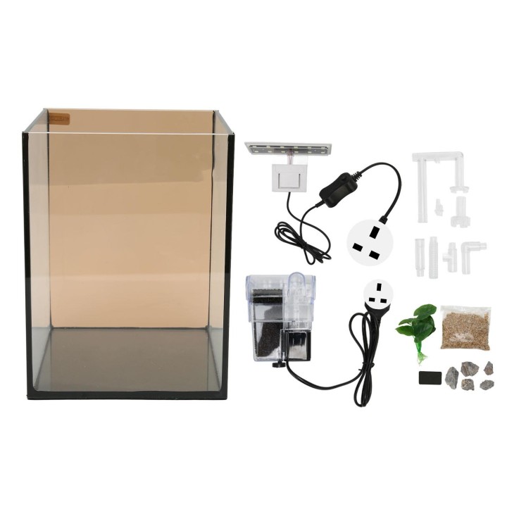 Glasaquarium-Set, LED-Clip-Licht, sicher, leise, schwarze Baumwollfilterung, kostenloser Wasserwechsel, kleine Fische