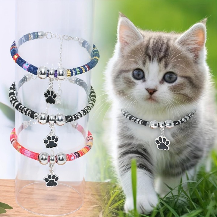 Haustierhalskette aus Nylon mit buntem Pfotenabdruck-Anhänger, verstellbares Halsband für Katzen und kleine Hunde mit ethnisc