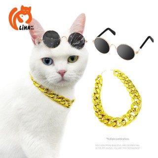 Bezauberndes Haustier-Party-Outfit: Halskette und Sonnenbrille für Katzen und Welpen mit großer Goldkette Set A gold