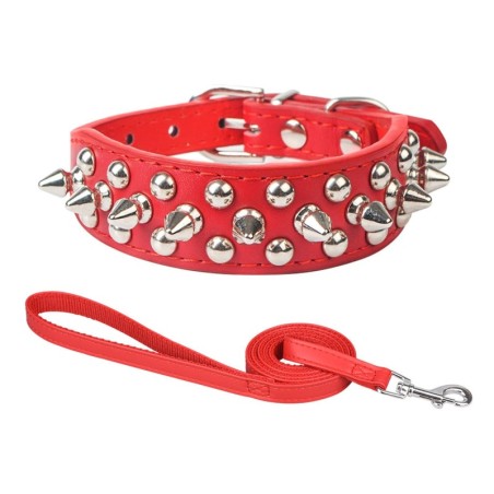 Hundehalsband mit Leine, Hundehalsbänder aus PU-Leder für Bullen, mit Nieten für kleine, mittelgroße und große Hunde M rot