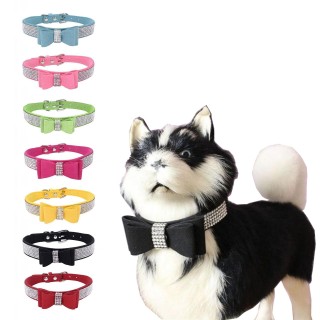 Haustier Hund Leder Strass Schleife Knoten Halsband Kristalle Bling Diamanten für kleine mittelgroße Hunde XXS blau