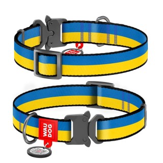 Nylon-Hundehalsband WAUDOG Nylon mit QR-Pass, Colors of Freedom-Muster, Fastex-Metallschnalle S, W 15 mm, L 23-35 cm gelb/bla