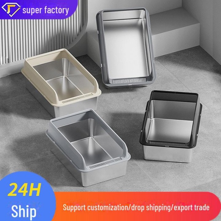 Übergroße, halbgeschlossene Katzentoilette aus Edelstahl mit hohem Zaun und Spritzschutzdesign large [50*35*20] khaki