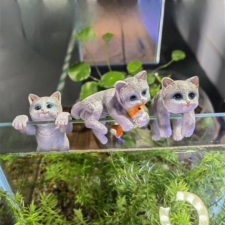 Bezauberndes Anhängerset für Aquarien mit Katzenmotiv – Kreatives Kätzchendekor aus Kunstharz, dreiteiliges Ornament als Gesc
