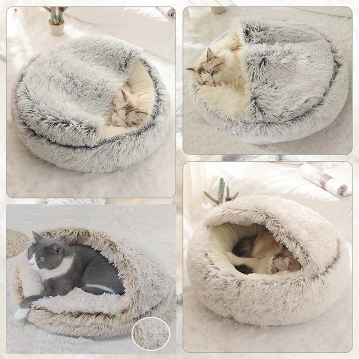 Haustierbett Katze Hund Winter Langes Plüsch Rundes Kissen Haustierhaus Warmes Haustierkörbchen Katzen- und Hundeschlafsack K