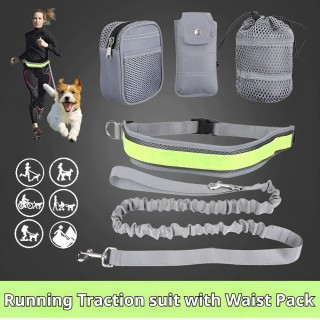 Laufsport-Traktionsset für Hunde mit Gürteltasche, mehrfarbig, reflektierendes Seil, Halsband, Gürtel, Hundeleine, Hundegesch