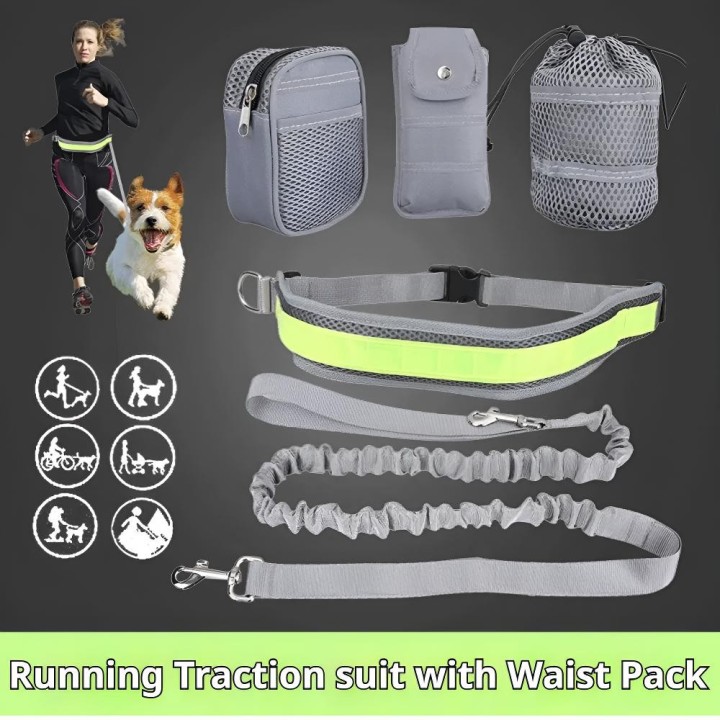 Laufsport-Traktionsset für Hunde mit Gürteltasche, mehrfarbig, reflektierendes Seil, Halsband, Gürtel, Hundeleine, Hundegesch