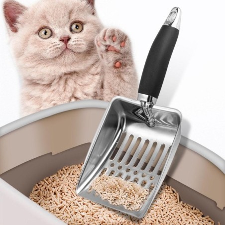Katzenstreuschaufel aus Edelstahl, Metall, langer Griff, tiefe Schaufel für Katzentoiletten-Reinigungswerkzeug, Heimtierbedar
