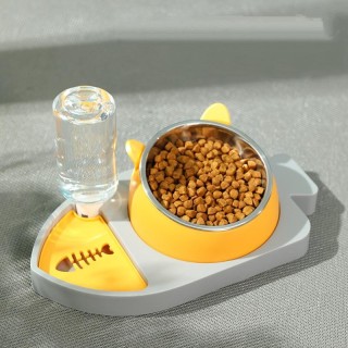 3-in-1-Trinkbrunnen in Fischform mit Edelstahlnapf, Wasserspender für Haustiere, Katzen und Hunde, schräger Schutz der Halswi