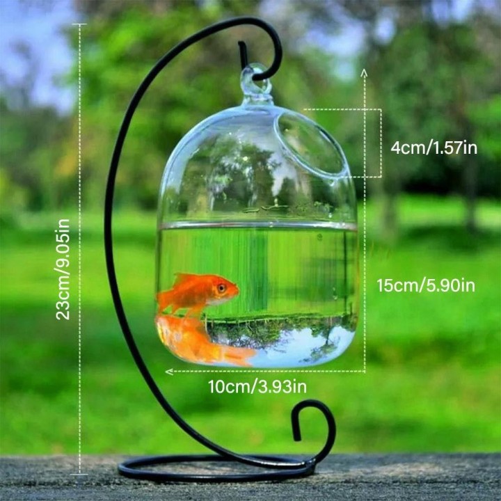 Transparente Vase Ornament mit Rack Halter hängen Glas Aquarium Aquarium Fisch Schüssel Home Dekoration
