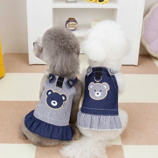 Denim-Hosenträgerrock für kleine Hunde im Frühlingsstil – Zweibein-Design mit Teddybär-Zug-Accessoire M, Bear blau