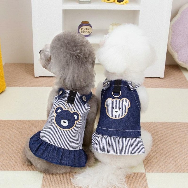 Denim-Hosenträgerrock für kleine Hunde im Frühlingsstil – Zweibein-Design mit Teddybär-Zug-Accessoire M, Bear blau