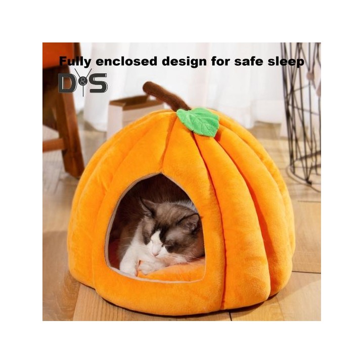 Halbgeschlossenes Haustierbett für Katzen, ganzjährig bequem, stabil, rutschfest, Kürbis-Haustierzelt, Katzenhaus für kleine