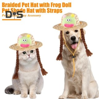 Geflochtener Hut für Haustiere, gewebter Strohhut für Hunde, verstellbarer Schattenhut für den Sommer mit süßer Froschpuppe,