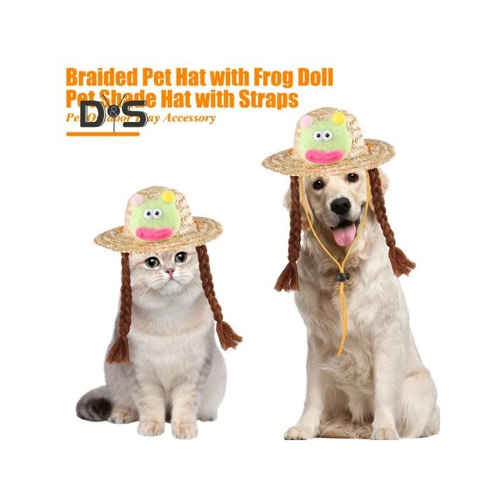 Geflochtener Hut für Haustiere, gewebter Strohhut für Hunde, verstellbarer Schattenhut für den Sommer mit süßer Froschpuppe,