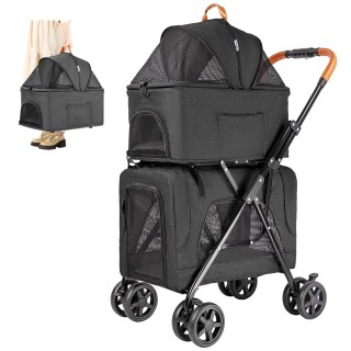 LPOTIUS Haustier-Ober- und Unterwagen, 2 separate Haustier-Hunde-Kompakt-Haustier-Trage, 4 Vorderräder drehbar, Hinterradbrem