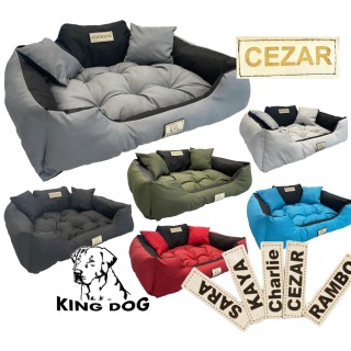 KINGDOG Hundebett mit HUNDENAME wasserdicht langlebig, SML XL XXL 3XL S - 55/45 cm schlachtschiff grau