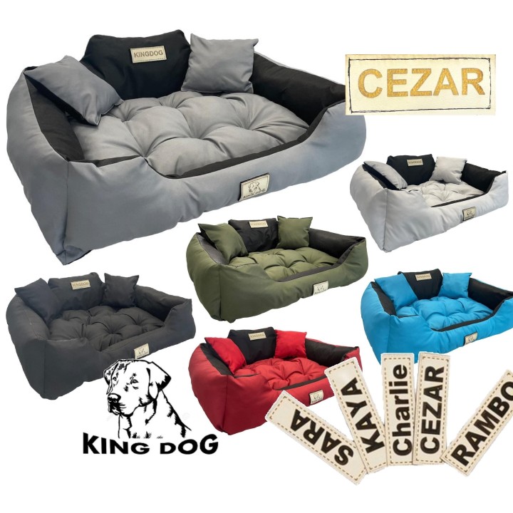 KINGDOG Hundebett mit HUNDENAME wasserdicht langlebig, SML XL XXL 3XL S - 55/45 cm schlachtschiff grau