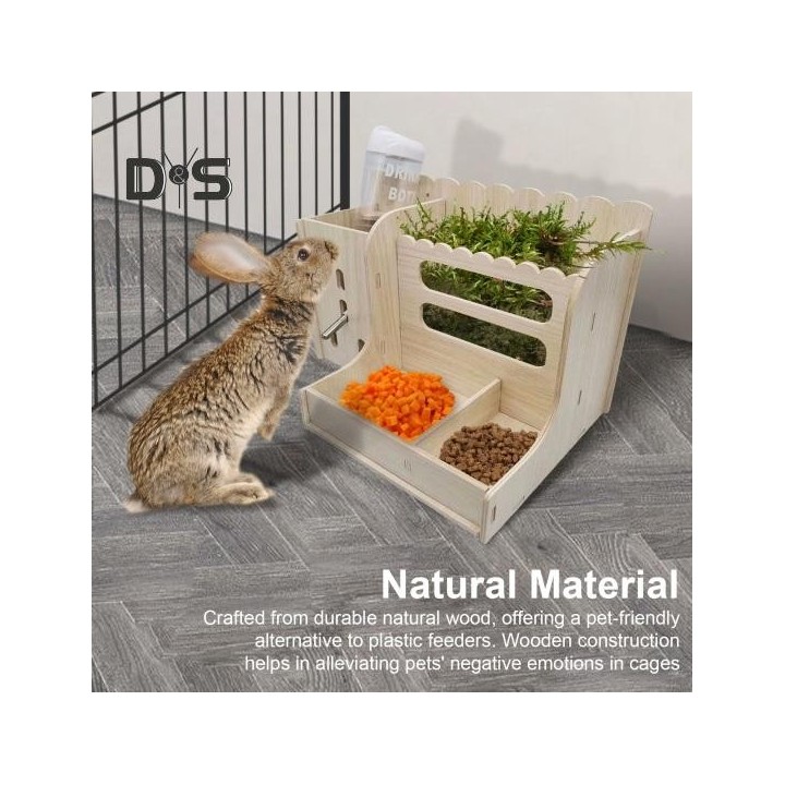 Futterspender für Meerschweinchen, aus Holz, Futtertrog für Kaninchen mit Wasserflasche, Futterkrippe für Kleintiere, Futters