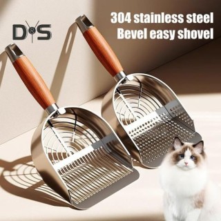 Katzenstreuschaufel aus Metall mit Halter, Haustierkotschaufel mit ergonomischem Holzgriff, schnelle Siebschaufel, Katzenbeda