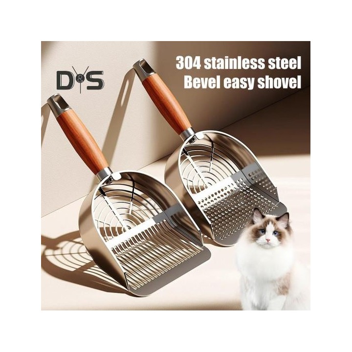 Katzenstreuschaufel aus Metall mit Halter, Haustierkotschaufel mit ergonomischem Holzgriff, schnelle Siebschaufel, Katzenbeda