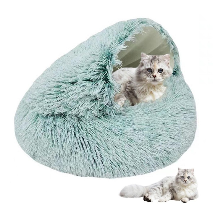 Rundes Katzenbett mit Kapuze, flauschiges Winter-Haustierbett, Höhle, Plüsch-Donut, beruhigendes Katzennest, Bett, gemütliche
