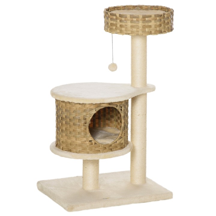 PawHut Kratzbaum Rattan mit Katzenhöhle und Ballspielzeug, Katzenbaum für kleine Katzen, Natur und Beige   Aosom.de