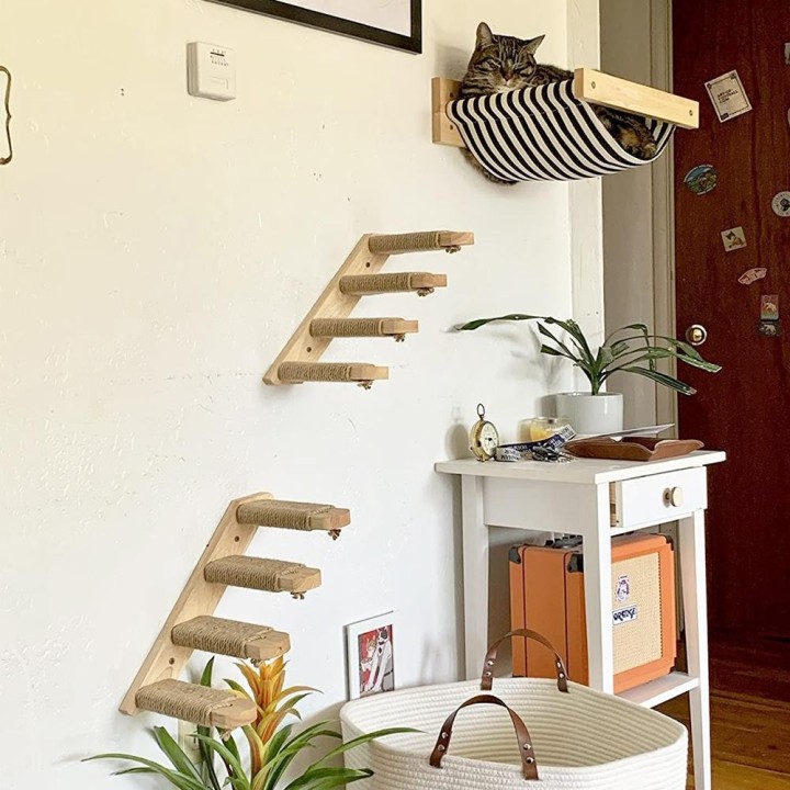 Katzen-Kletterregal, Wandmontage, vierstufige Treppe mit Sisal-Kratzbaum für Katzen, Baumturm, Plattform, springende Haustier