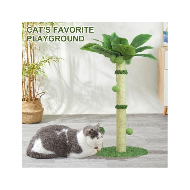 Katzenkratzbaum aus Kokospalme mit interaktivem Ballspielzeug für Hauskatzen, Sisal-Selbstpflegewerkzeug