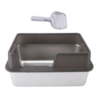 Katzentoilette aus Edelstahl, spritzwassergeschützt, groß, oben offen, hohe Seiten, Katzentoilette mit Schaufel, groß, schwar
