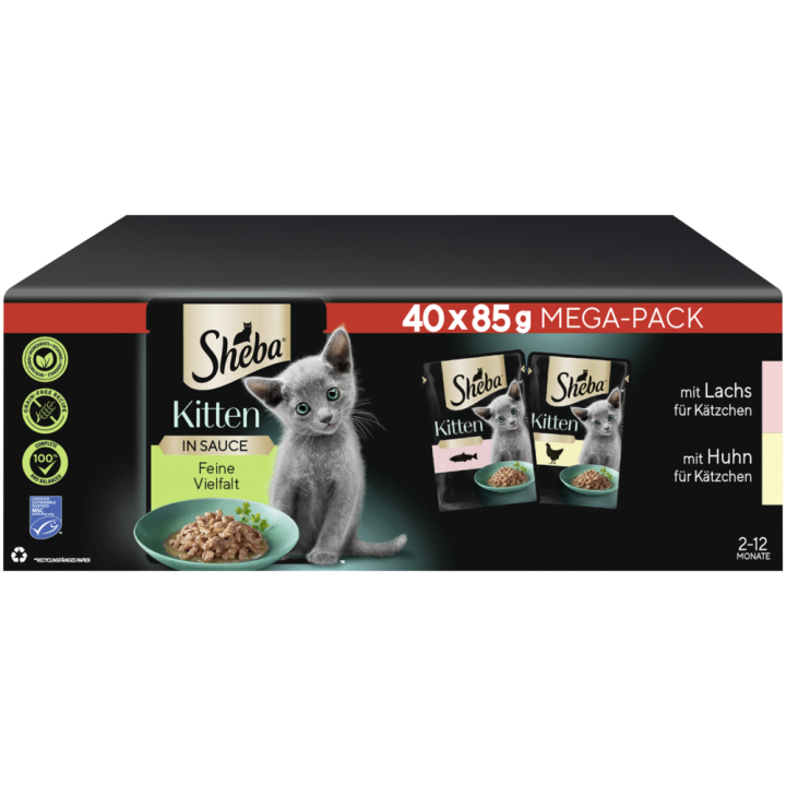 Portionsbeutel Multipack Mega-Pack Kitten in Sauce Feine Vielfalt mit Lachs, mit Huhn MSC 40 x 85g