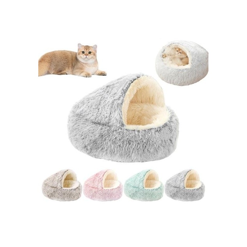 Katzenplüschbett, Kunstfell, flauschig, mit Kapuze, beruhigendes Katzenbett, Höhle, für den Winter, gemütlich, rund, Haustier